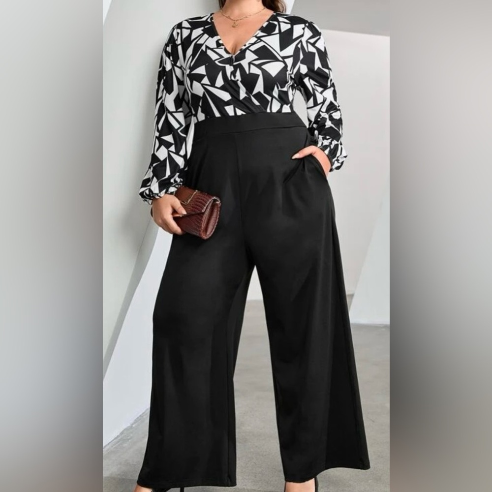 NEW 2 XL SHEIN Clasi Plus Geo Print Lantern Sleeve Wide Leg Jumpsuit